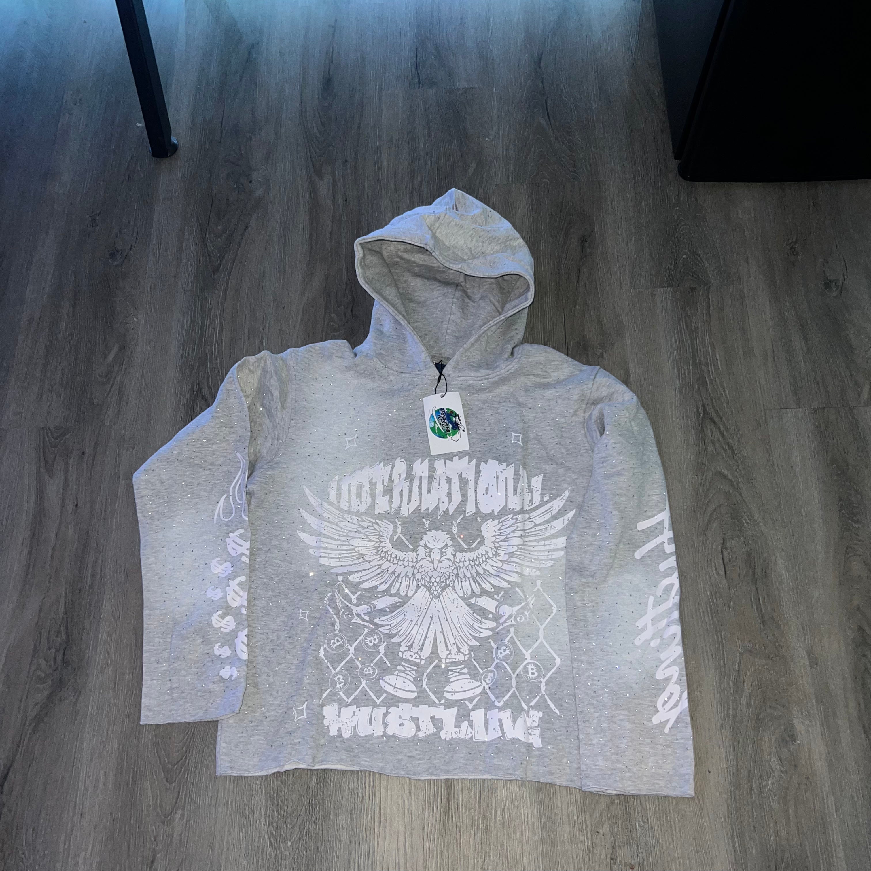 Grey Rhinestones Cropped Hoodie