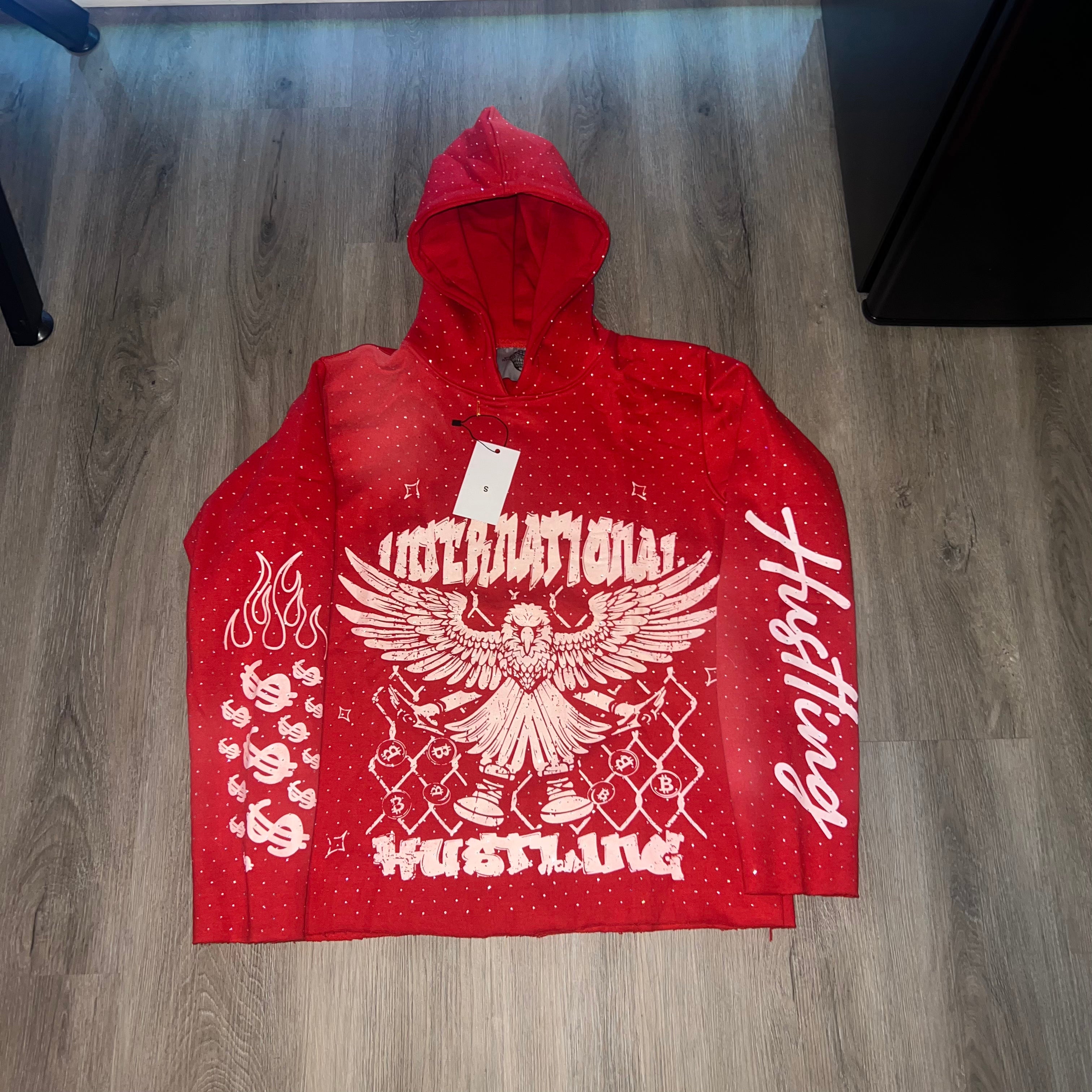 Red Rhinestones Cropped Hoodie