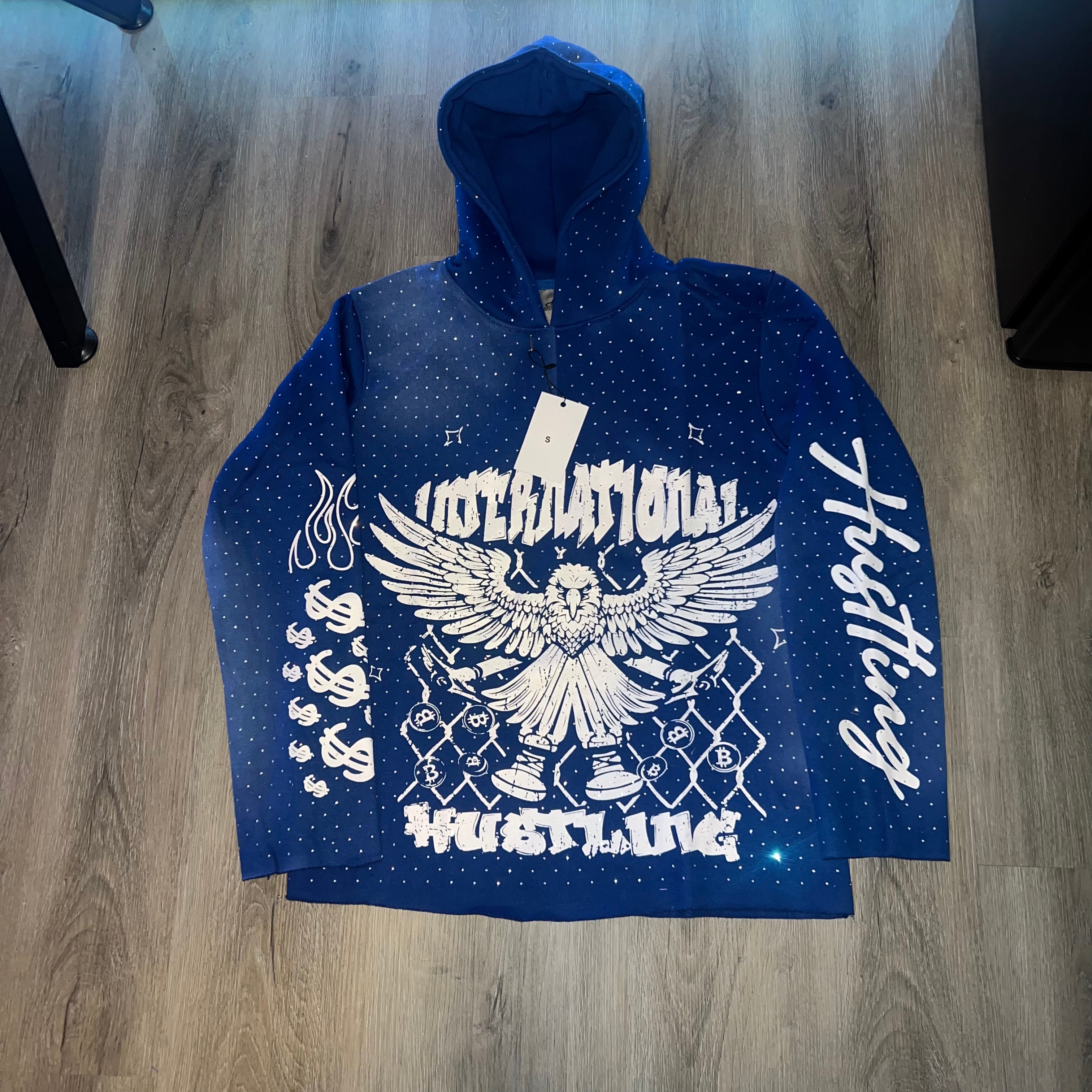 Blue Rhinestones Cropped Hoodie