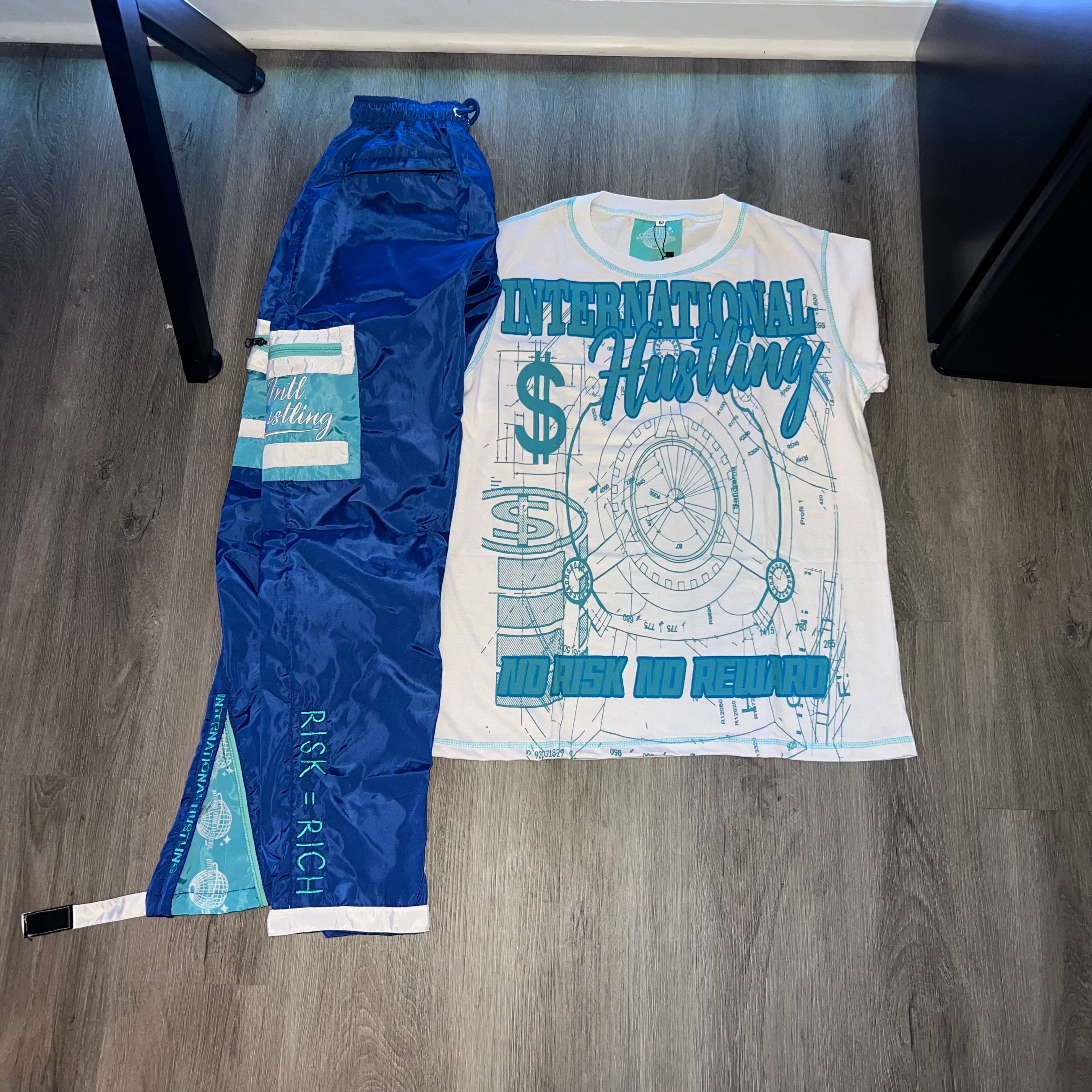 Blue Hustling Art T-Shirt & Cargo Windbreaker Set